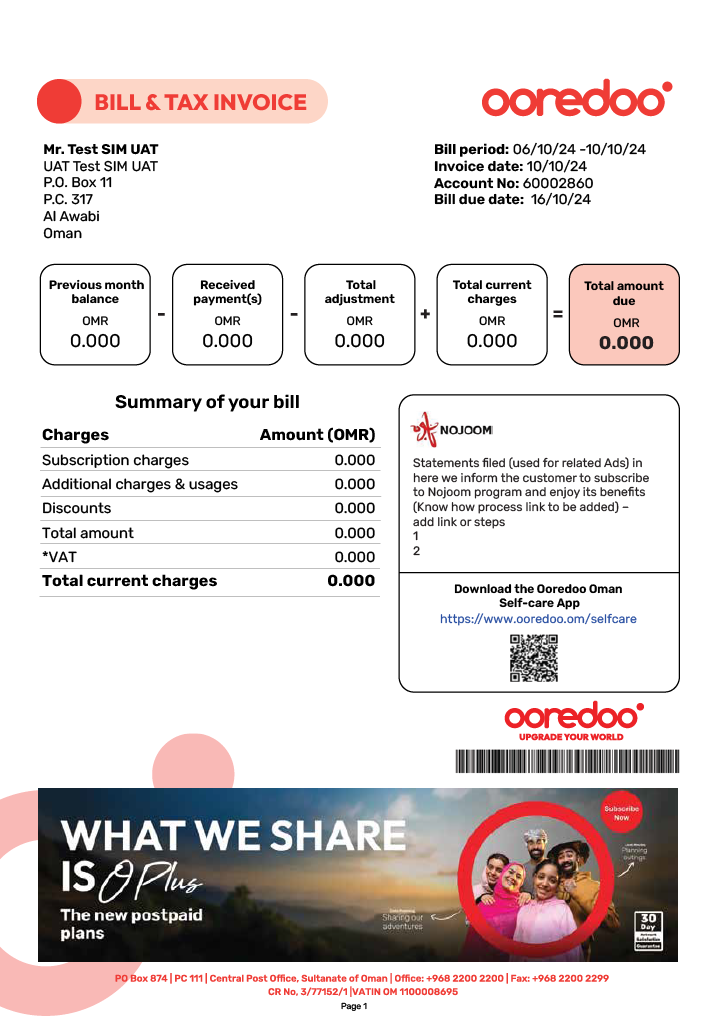Ooredoo Bill Summary