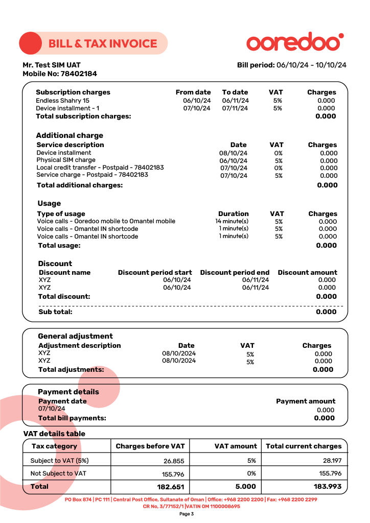 Ooredoo Bill Summary